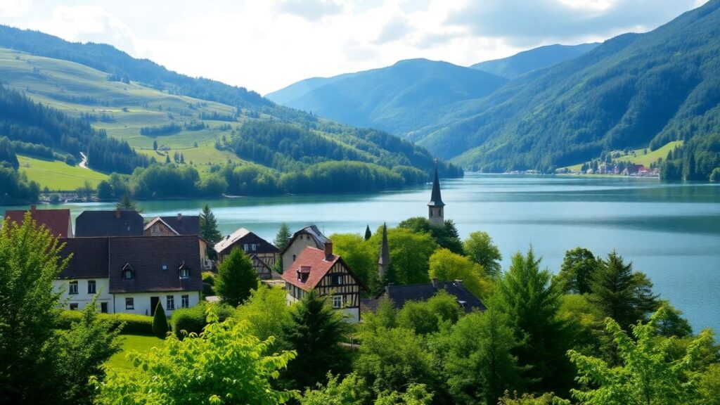 Sichere deutsche Landschaft mit See und Bergen.